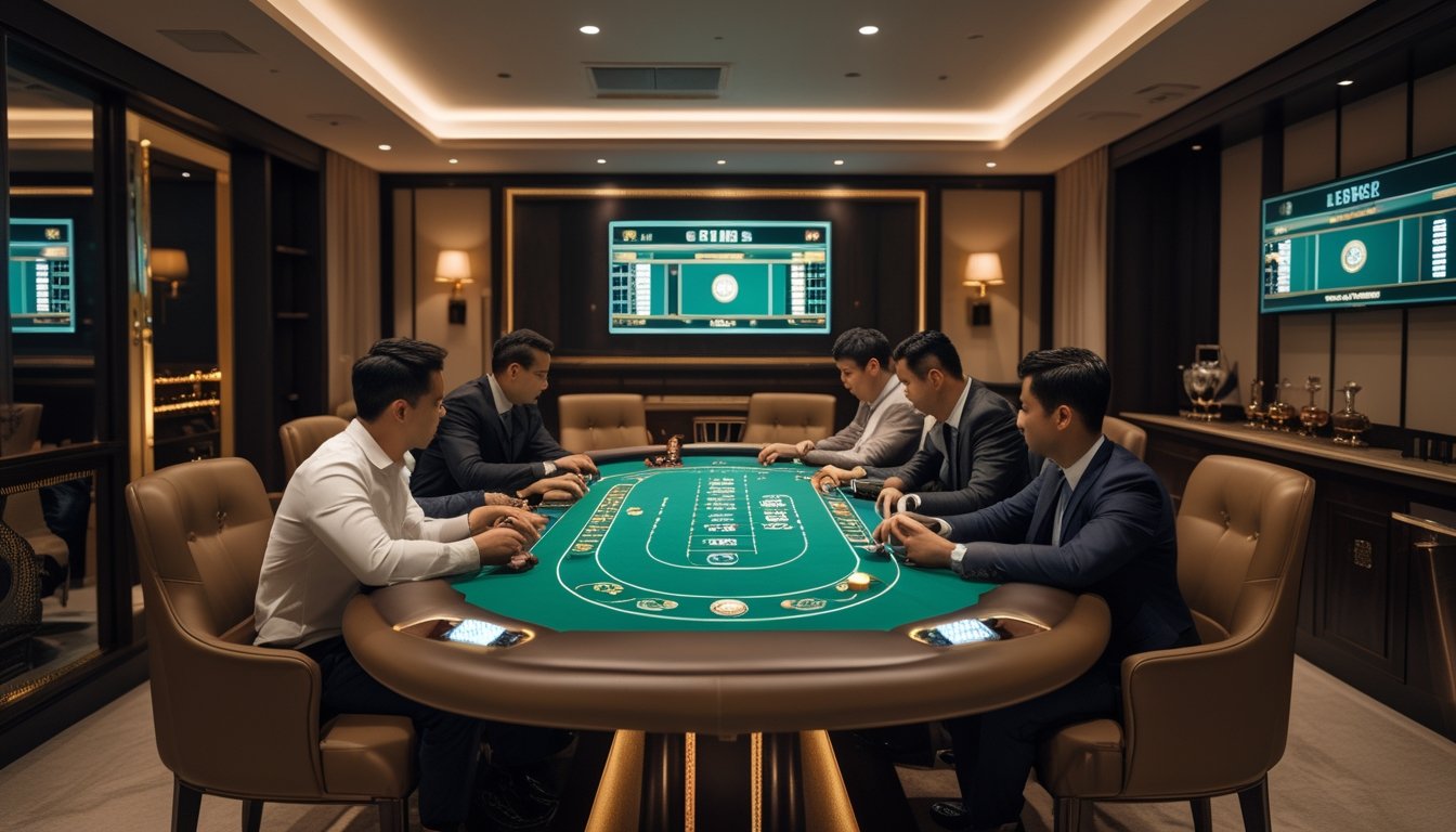 Ruangan pribadi VIP yang mewah dengan meja permainan Ceme, kursi kulit nyaman, dan beberapa pemain sedang bermain dengan fokus.