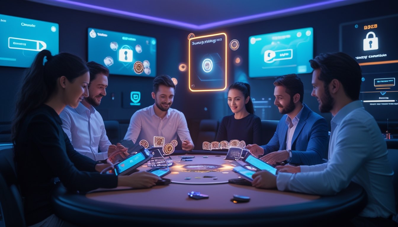 Orang-orang bermain judi online di ruang privat dengan perangkat teknologi modern dan suasana ruangan yang nyaman.