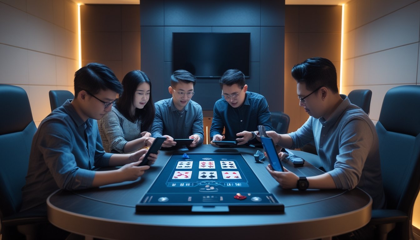 Empat orang duduk di ruang permainan pribadi dengan meja dan layar digital untuk bermain kartu Ceme online.