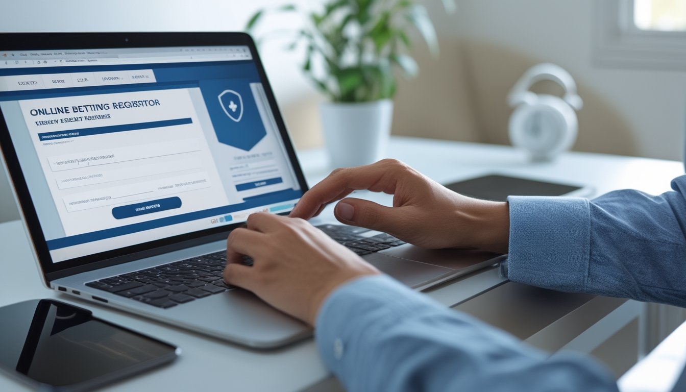 Seseorang menggunakan laptop dan ponsel di meja kerja untuk mendaftar akun taruhan online dengan suasana yang rapi dan terang.