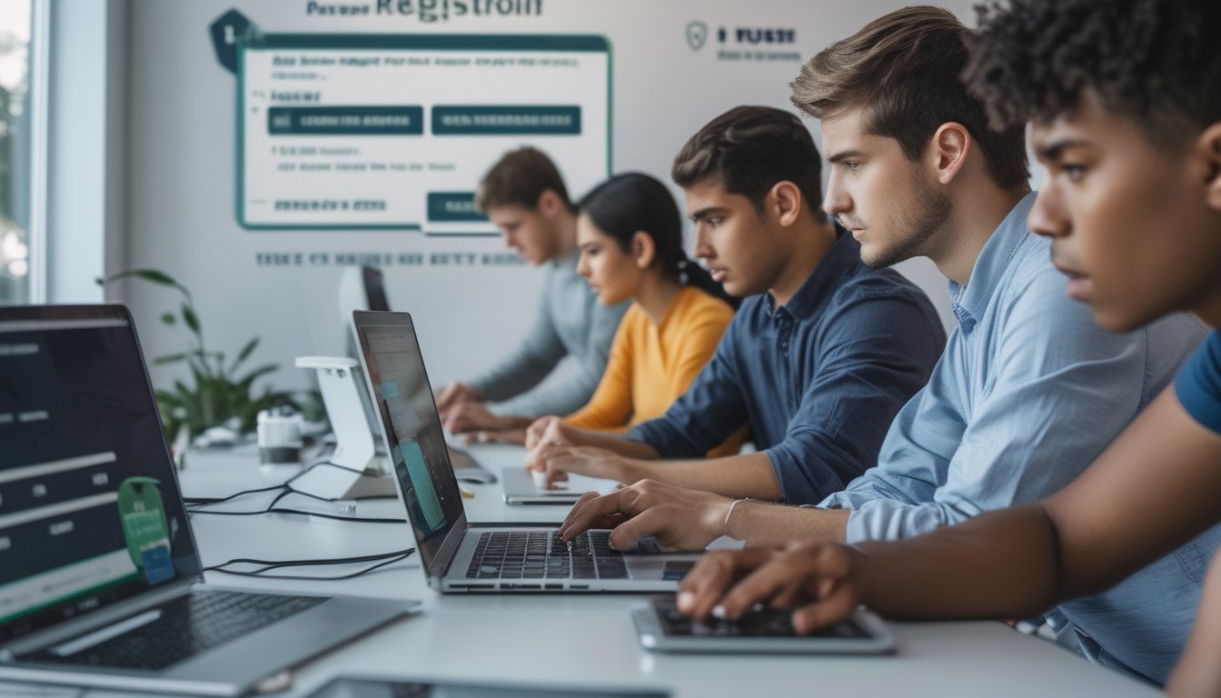 Beberapa orang muda sedang menggunakan laptop dan ponsel untuk mendaftar akun taruhan online di sebuah kantor modern.