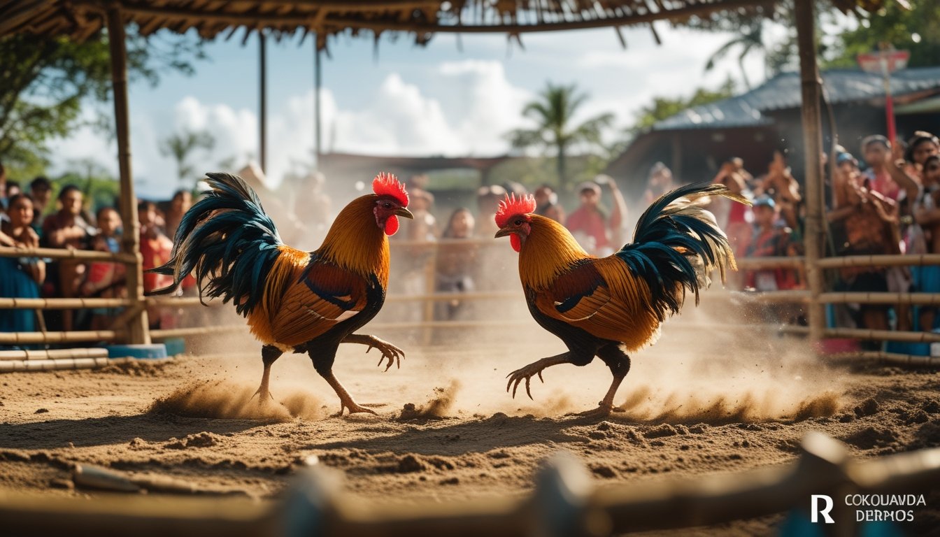 Pertandingan sabung ayam tradisional Filipina dengan dua ayam jago sedang bertarung di arena terbuka dikelilingi penonton.