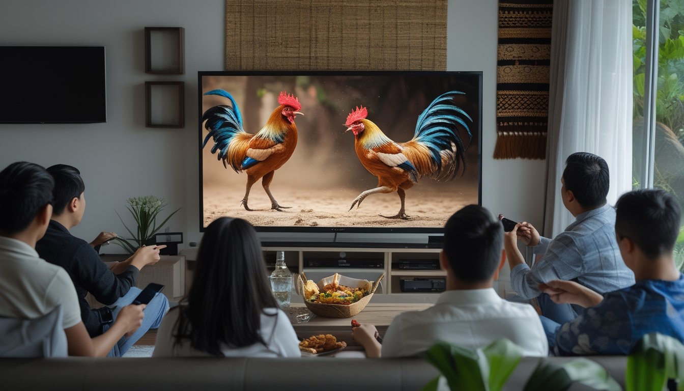 Sekelompok orang menonton pertandingan sabung ayam secara langsung di ruang tamu dengan televisi layar besar.