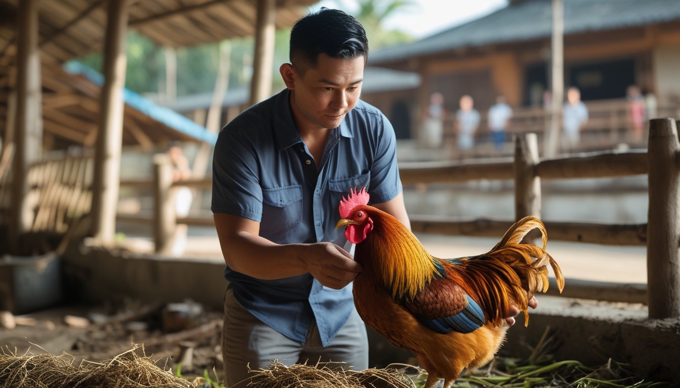Seorang pria memilih ayam Bangkok yang kuat di lingkungan tradisional desa dengan latar belakang arena sabung ayam.