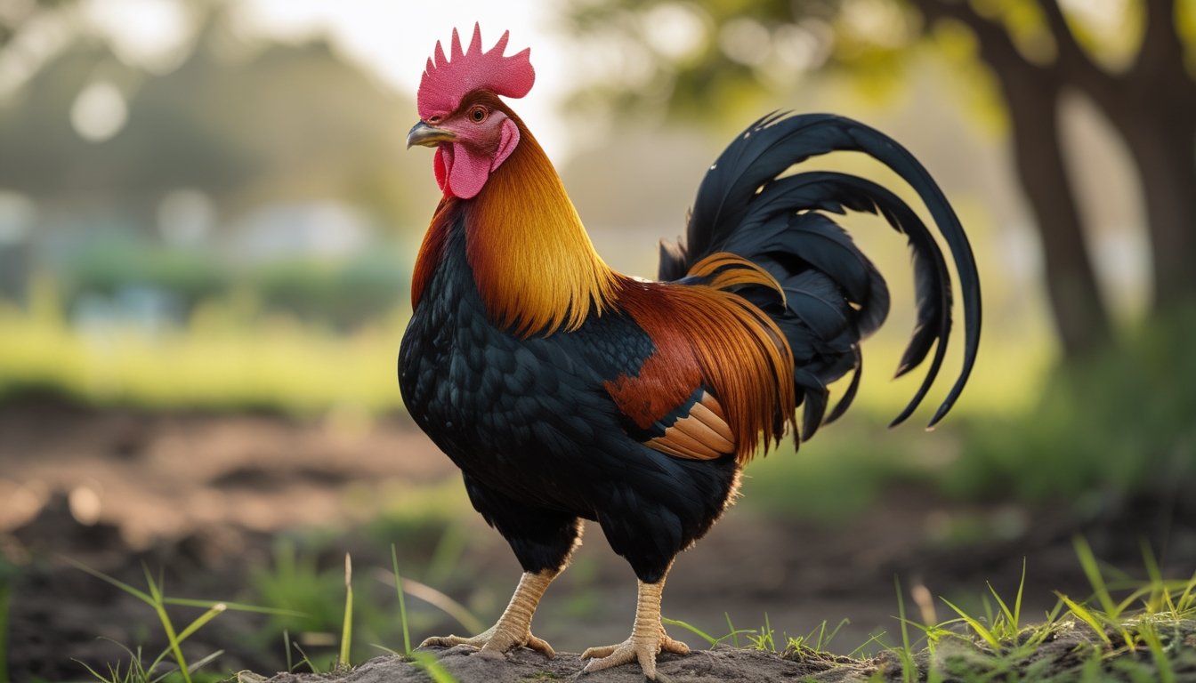 Seekor ayam Bangkok yang kuat dan sehat berdiri di luar ruangan dengan latar belakang pemandangan pedesaan yang hijau.