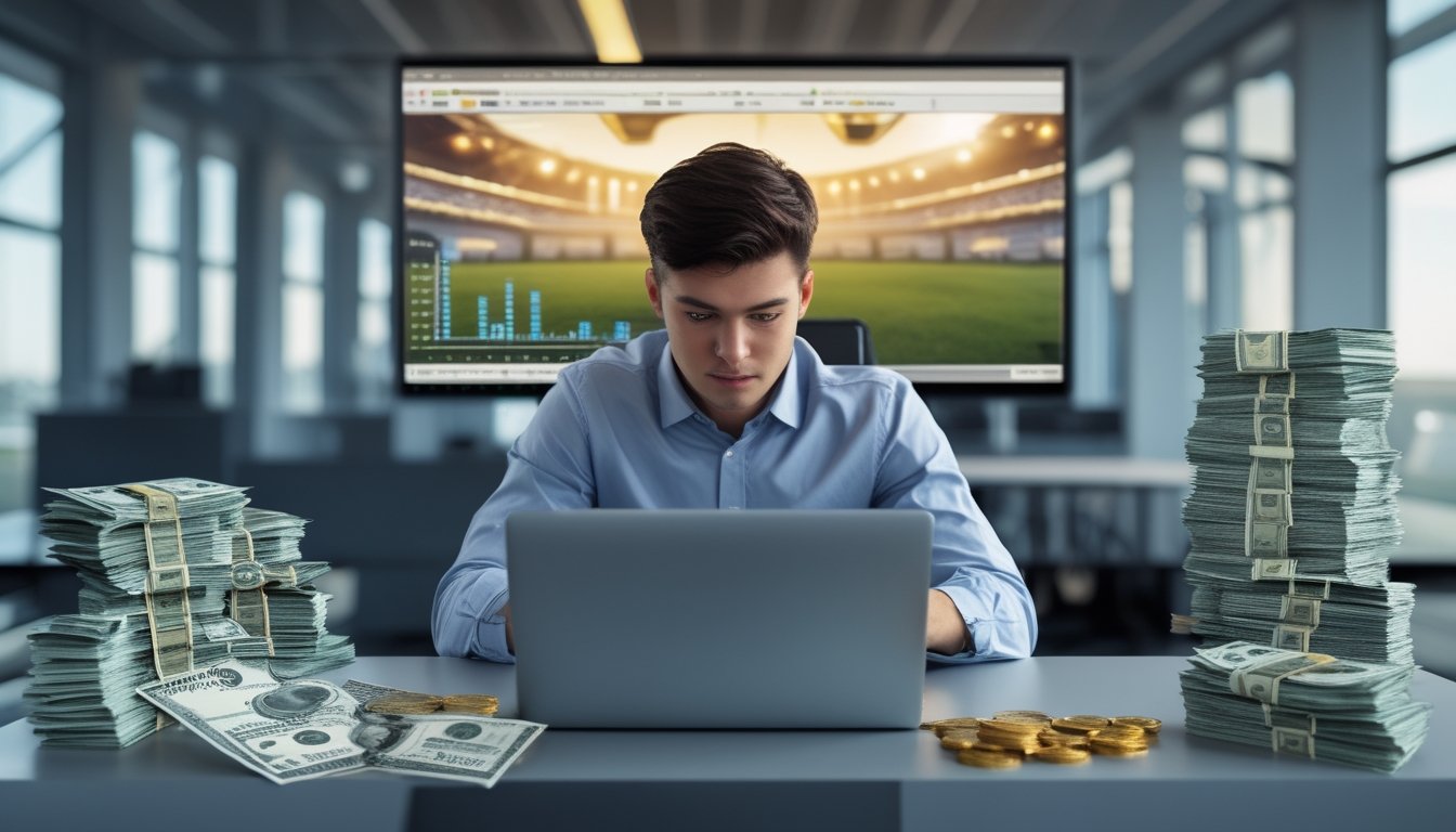 Seorang pria muda duduk di meja dengan laptop, menganalisis data dan grafik keuangan untuk mengelola modal taruhan sabung ayam.