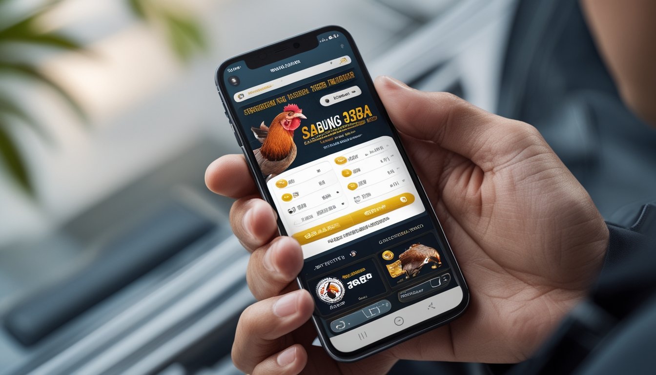 Seseorang memegang smartphone yang menampilkan antarmuka aplikasi Sabung Ayam 338A versi mobile terbaru dengan tampilan navigasi yang jelas.