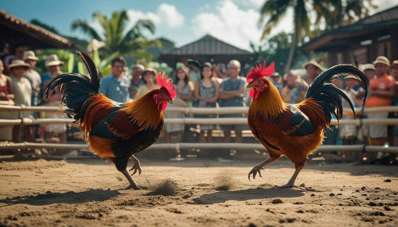 Dua ayam jago sedang bertarung di arena luar ruangan dengan penonton yang memperhatikan di sekelilingnya pada hari yang cerah.
