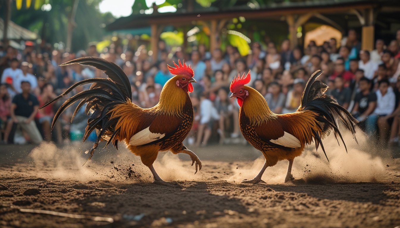 Dua ayam jago bertarung dengan pisau di arena terbuka di depan penonton yang antusias.