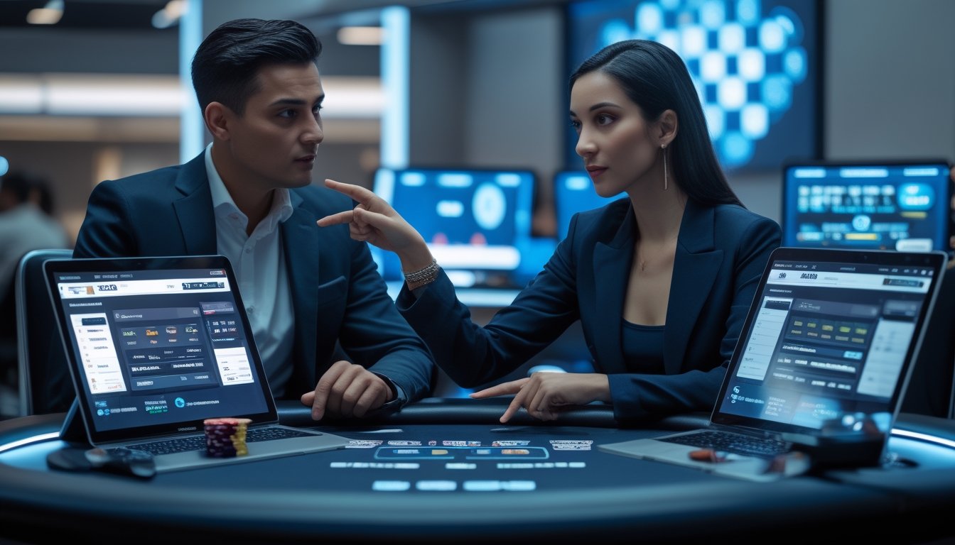 Dua pemain poker sedang berdiskusi strategi dengan perangkat digital di meja poker modern.
