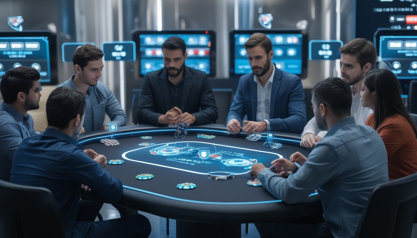 Beberapa pemain poker duduk di sekitar meja poker digital dengan kartu holografik dan chip, berinteraksi dengan lawan berbasis AI di lingkungan modern dan futuristik.