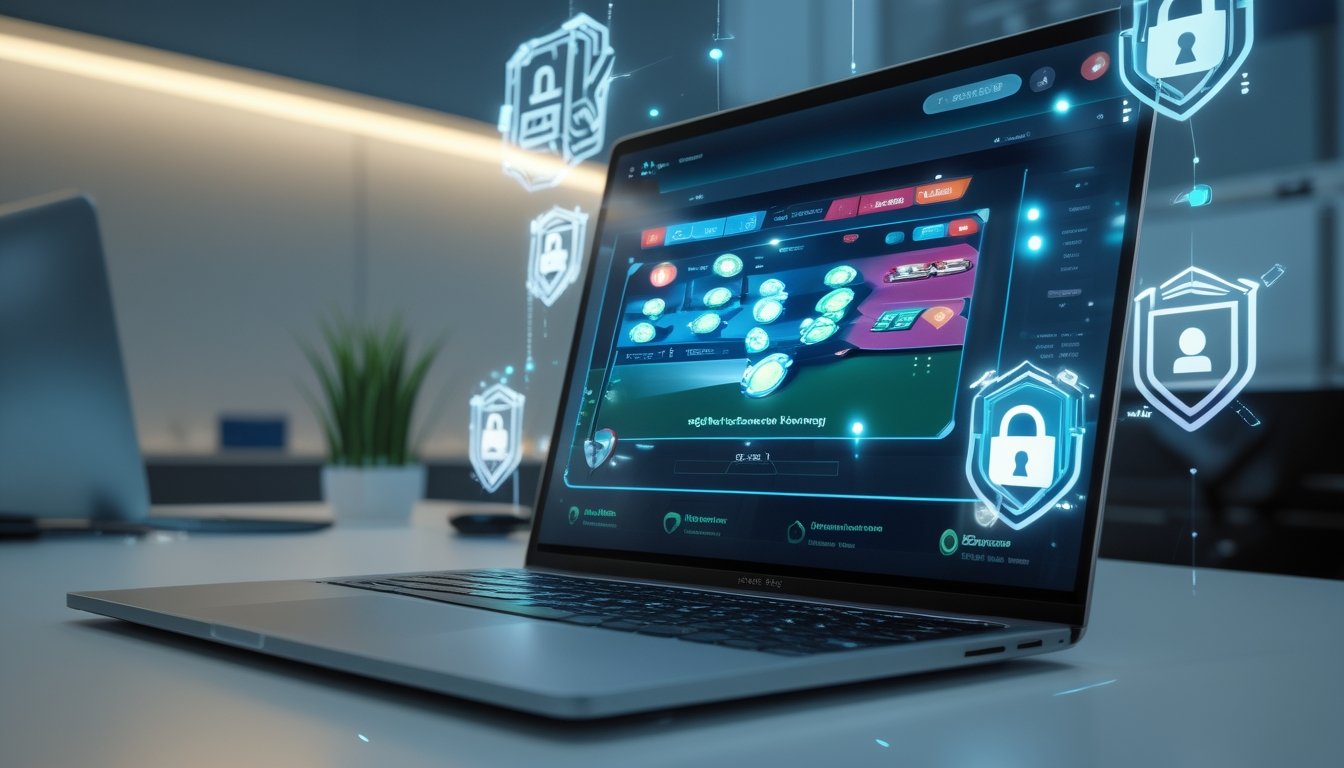 Seorang pengguna laptop dengan tampilan permainan poker online di layar, dikelilingi ikon keamanan digital yang melambangkan enkripsi terbaru.