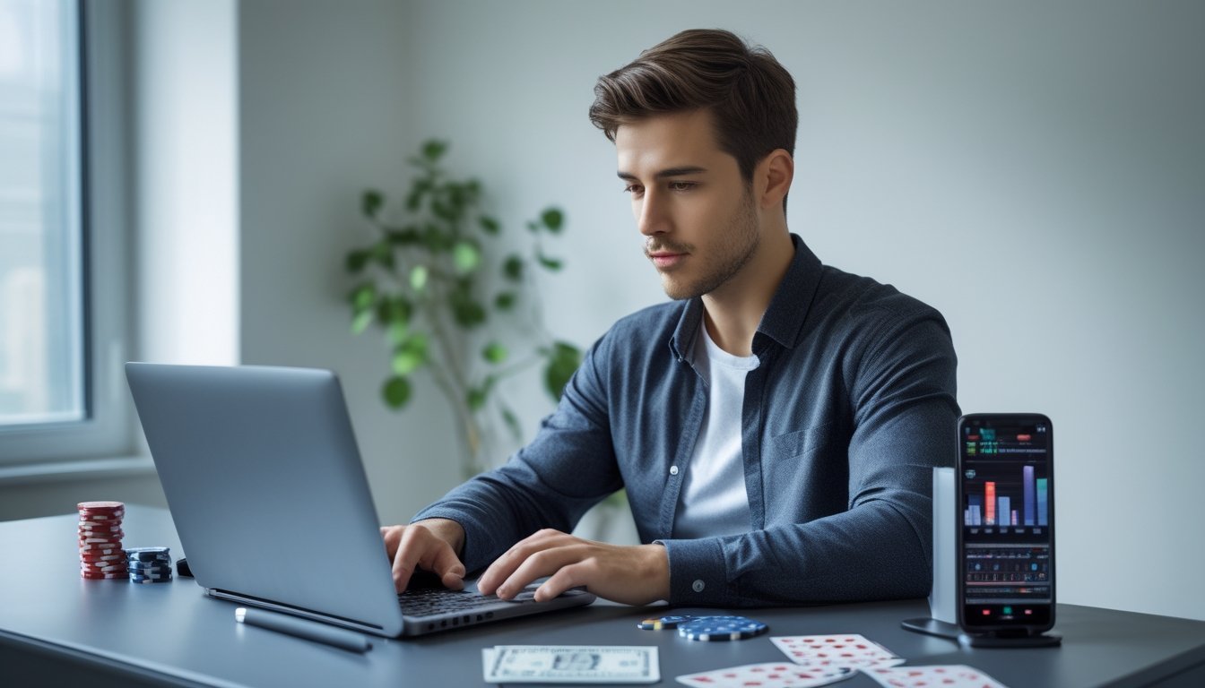 Seorang pria muda duduk di meja modern sambil bermain poker online di laptop dengan alat tulis dan kalkulator di meja.