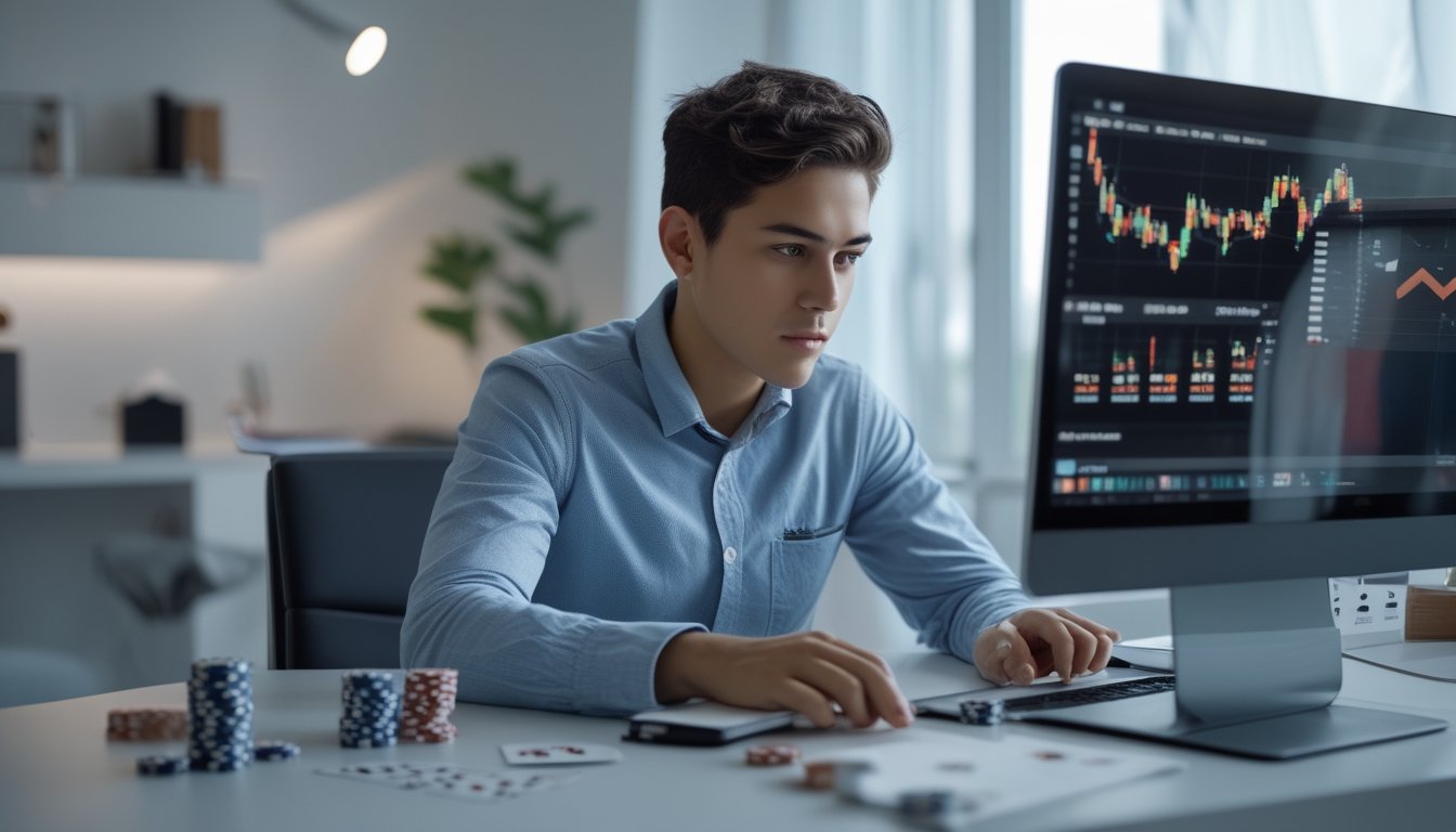 Seorang dewasa muda duduk di meja dengan laptop, bermain poker online dengan chip dan kartu poker di sekitar, di ruangan kerja yang terang dan rapi.