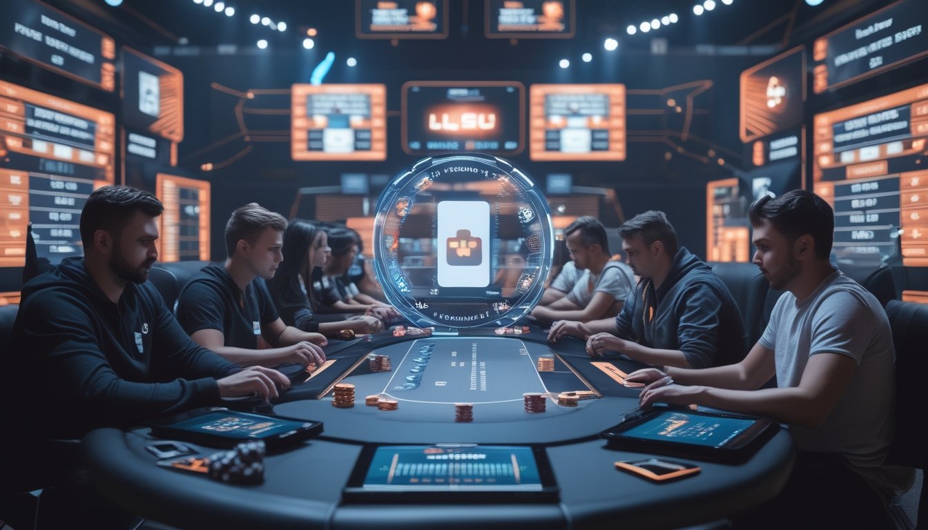 Sekelompok pemain poker online sedang fokus bermain di meja poker modern dengan layar digital dan perangkat elektronik di sekitar mereka.