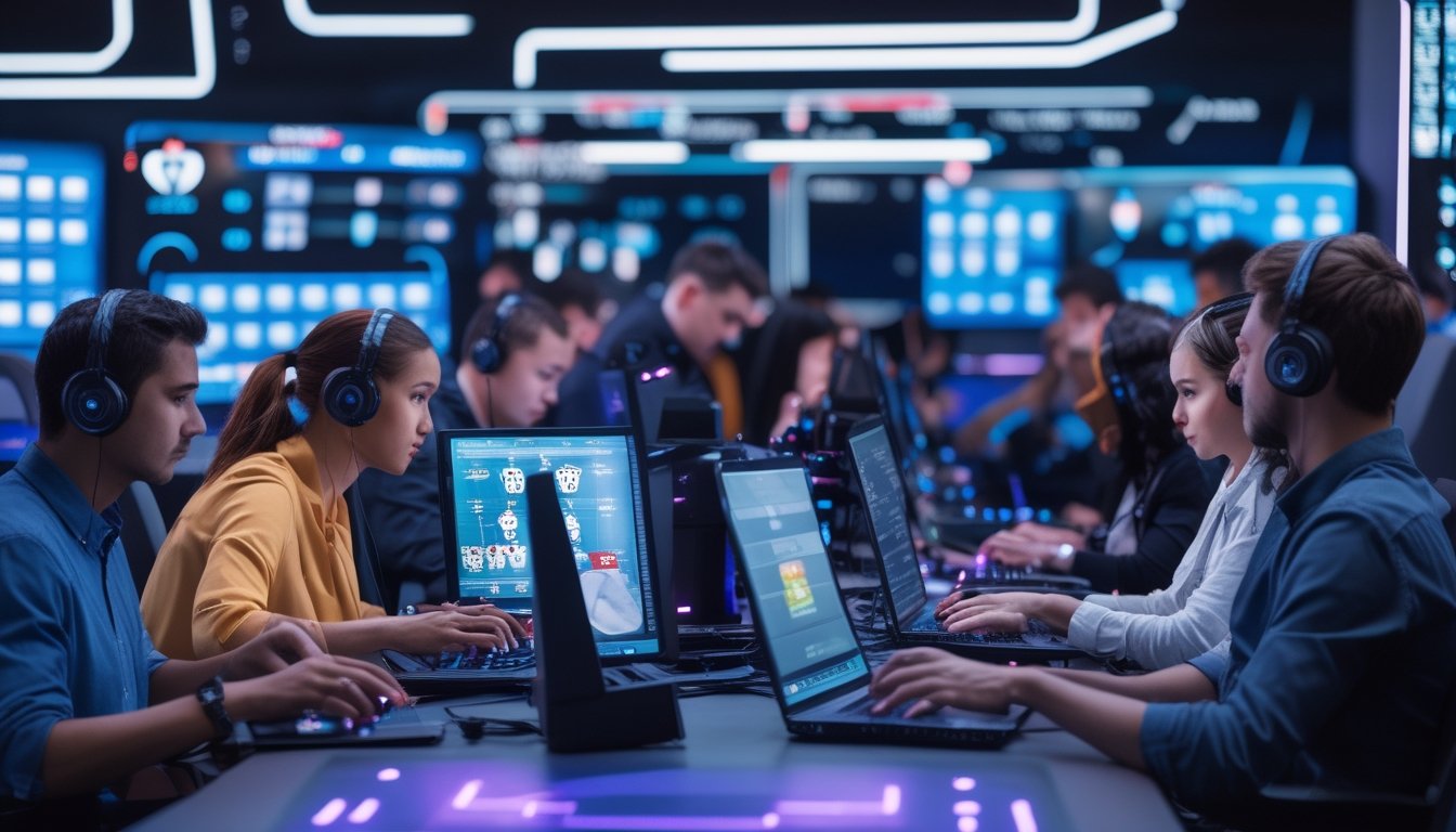 Beberapa orang sedang bermain poker online di depan komputer dengan tampilan turnamen dan kartu digital di layar.