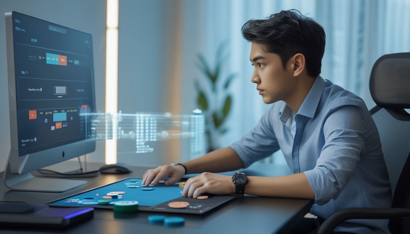 Seorang pemain muda sedang fokus bermain poker online di depan layar komputer dengan meja poker digital dan chip virtual.