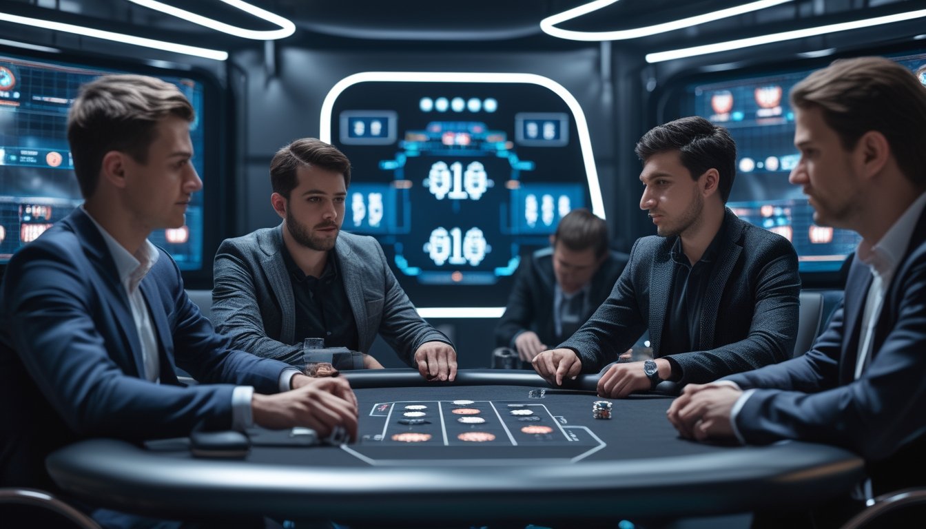 Sekelompok pemain poker online sedang bermain di meja poker futuristik dengan ekspresi serius dan bahasa tubuh yang menunjukkan strategi.
