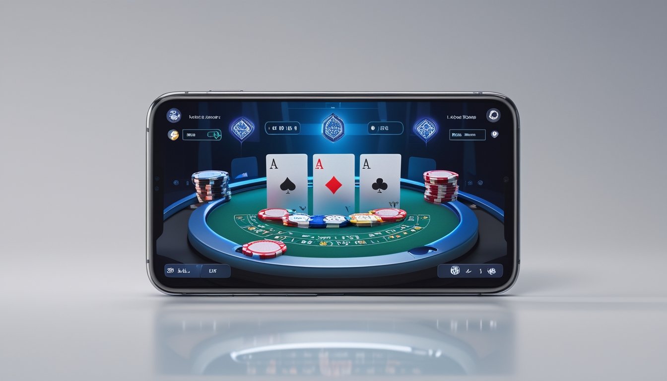 Sebuah ponsel modern menampilkan permainan poker dengan grafik warna-warni dan elemen kartu serta chip poker.
