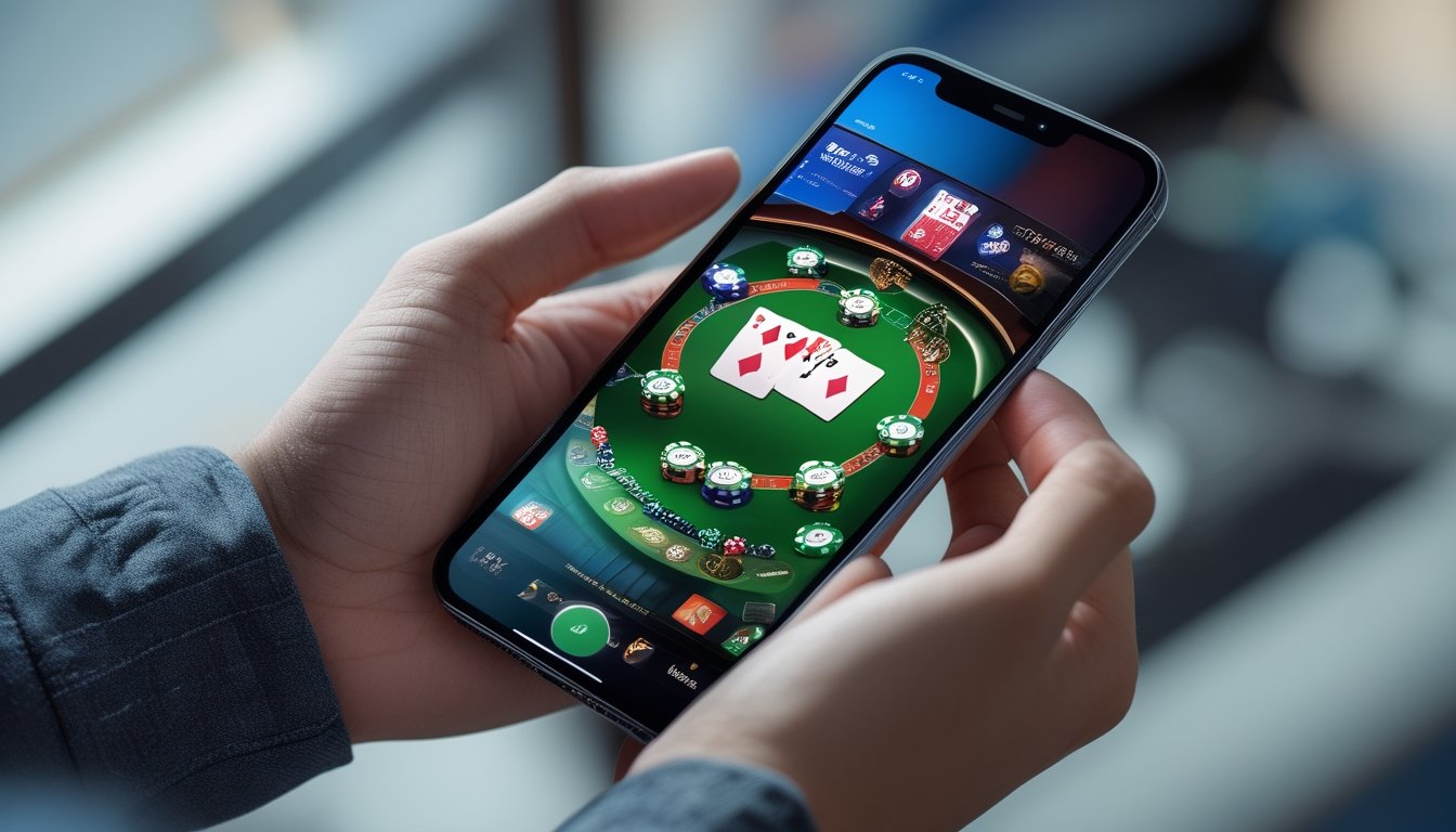 Seseorang memegang ponsel yang menampilkan permainan poker online dengan grafis sangat tajam dan warna-warna cerah.