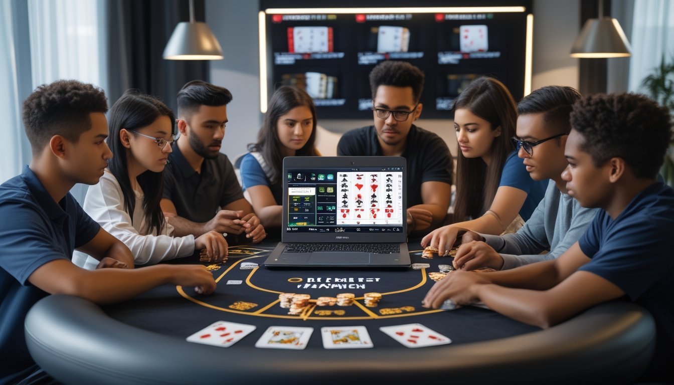 Sekelompok pemain muda sedang bermain poker Texas Holdem online di meja dengan perangkat digital, fokus dan serius dalam suasana kompetitif.