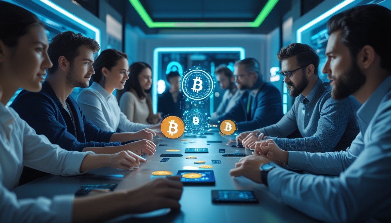 Beberapa orang bermain poker online menggunakan perangkat digital dengan latar belakang teknologi modern dan simbol cryptocurrency.