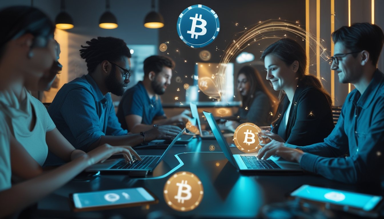 Beberapa orang bermain poker online menggunakan perangkat digital dengan simbol cryptocurrency di latar belakang, menunjukkan kemudahan transaksi cepat tanpa potongan.