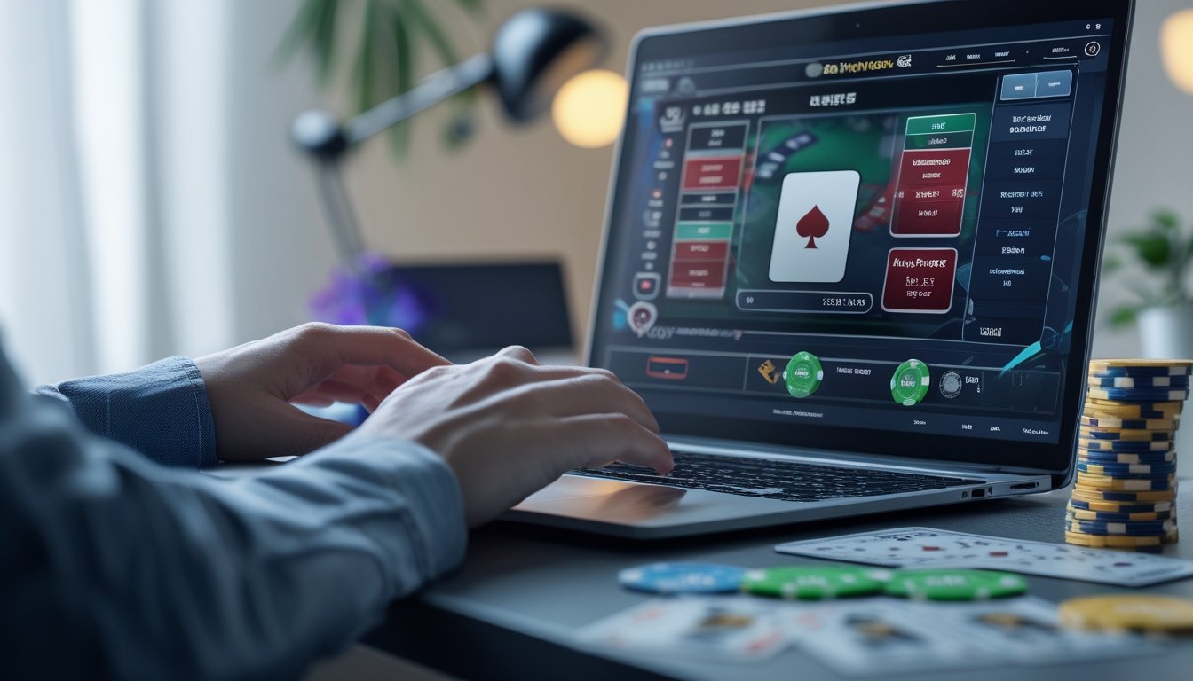 Sebuah meja kerja dengan laptop yang menampilkan permainan poker online, kartu dan chip poker di atas meja, dengan tangan seseorang sedang menggunakan laptop.