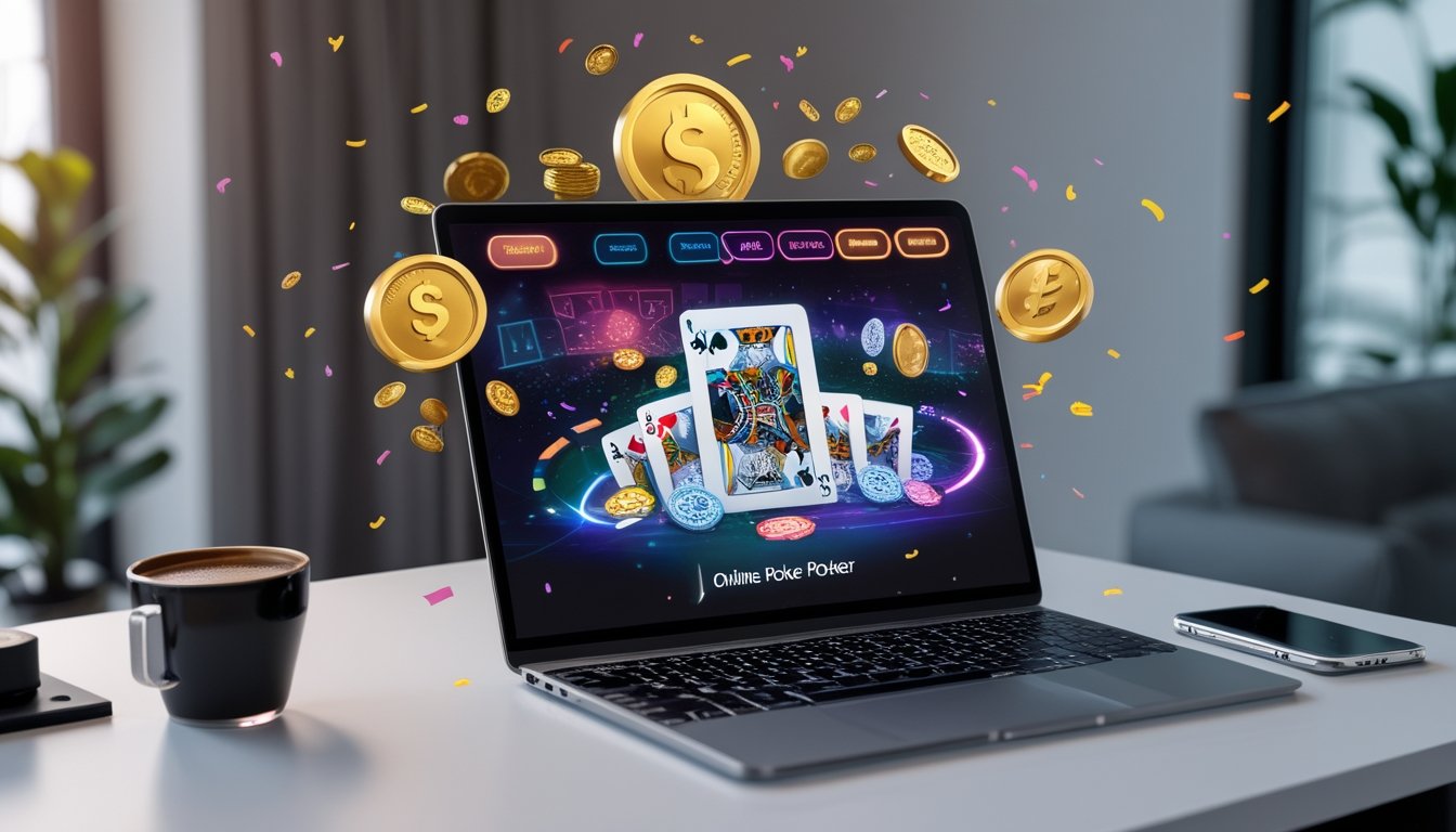 Sebuah meja kerja modern dengan laptop yang menampilkan permainan poker online, chip poker berwarna-warni, kartu bermain, dan ikon jackpot digital, dikelilingi oleh koin emas dan dekorasi perayaan.