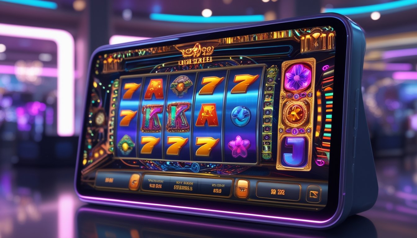 Tampilan layar perangkat modern yang menampilkan permainan mesin slot 3D dengan grafis warna-warni dan animasi dinamis di lingkungan kasino futuristik.