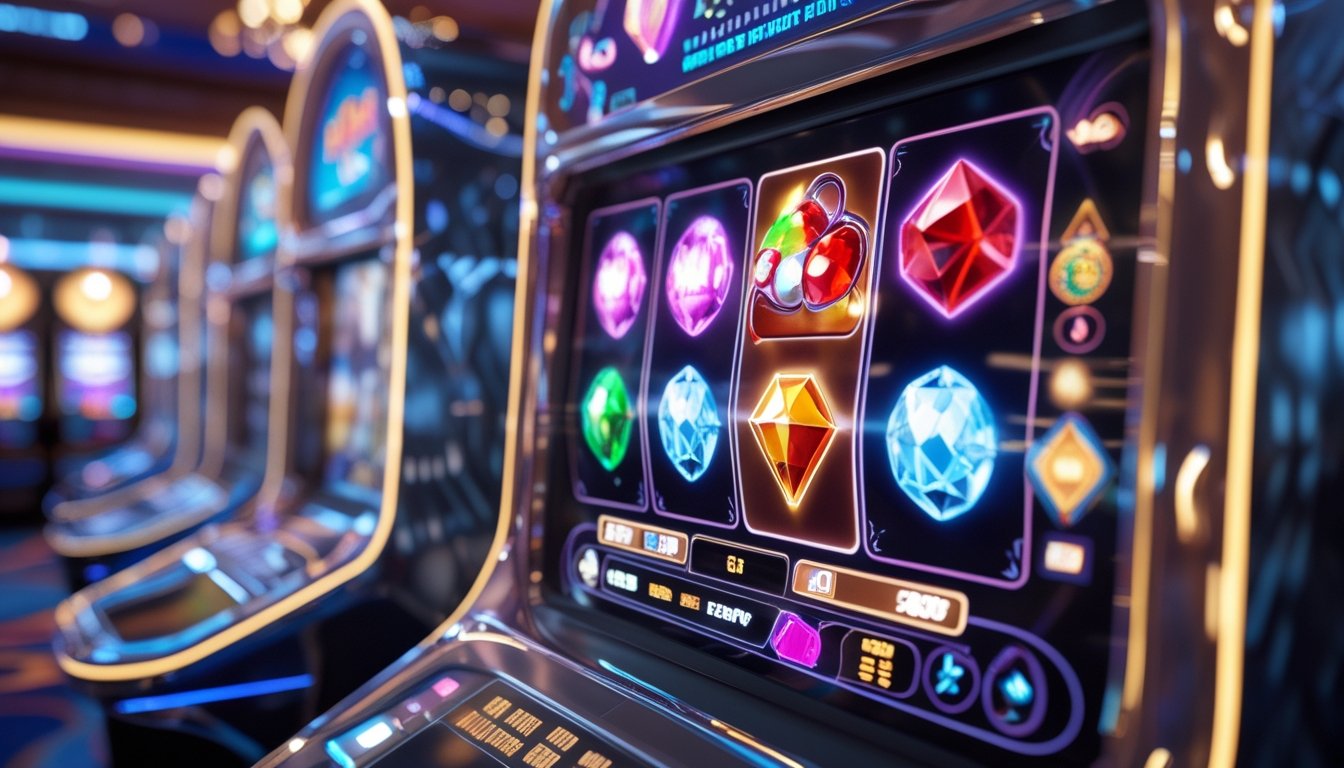 Mesin slot 3D modern dengan layar berwarna cerah menampilkan simbol-simbol berkilau dalam suasana kasino yang ramai.