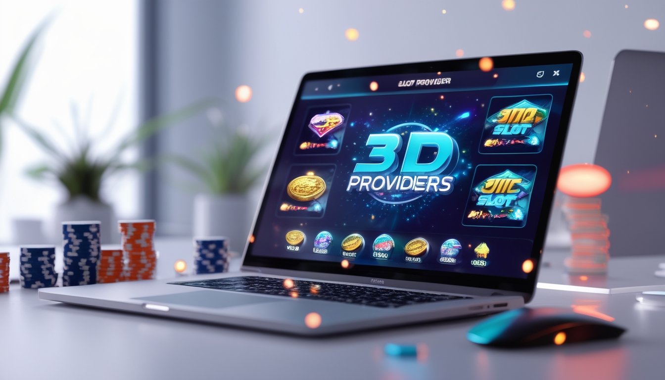 Tampilan layar komputer dengan grafik permainan slot 3D berwarna-warni dan elemen simbol judi online di sekitarnya.