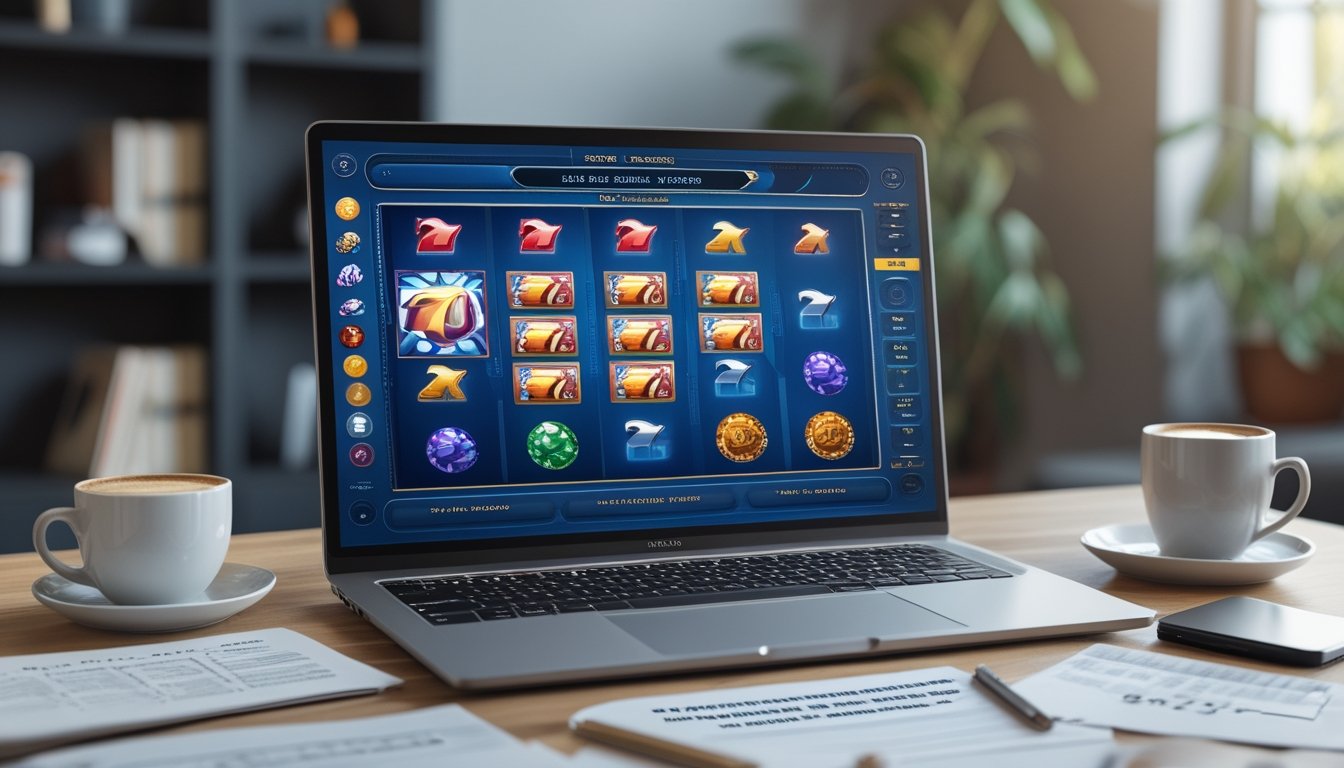 Seorang profesional sedang bekerja di meja dengan laptop yang menampilkan permainan slot 3D, dikelilingi catatan dan ponsel di ruang kerja yang rapi.