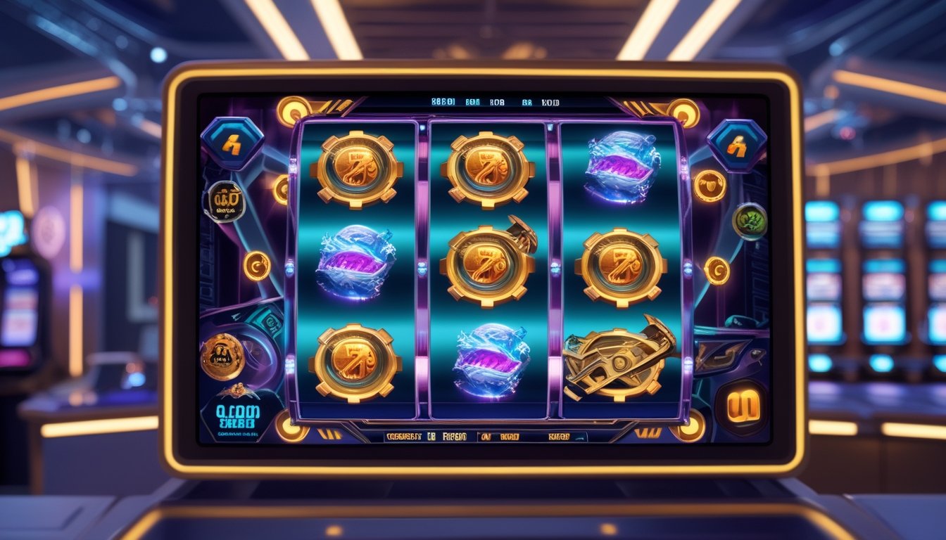 Mesin slot 3D modern dengan roda berputar dan ikon fitur bonus di latar kasino futuristik.