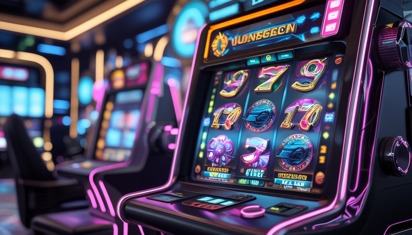 Mesin slot 3D modern dengan desain mekanik futuristik dan fitur bonus terbaru di latar kasino berteknologi tinggi.