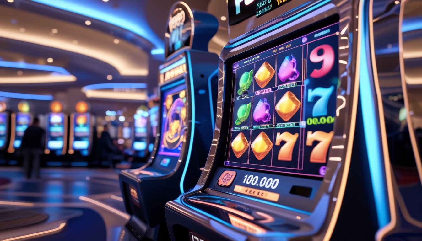 Suasana kasino modern dengan mesin slot 3D yang menampilkan grafik warna-warni dan layar digital yang menunjukkan persentase RTP tinggi.