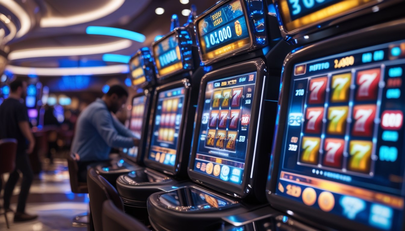 Suasana kasino modern dengan mesin slot 3D berwarna-warni dan pemain yang sedang bermain.