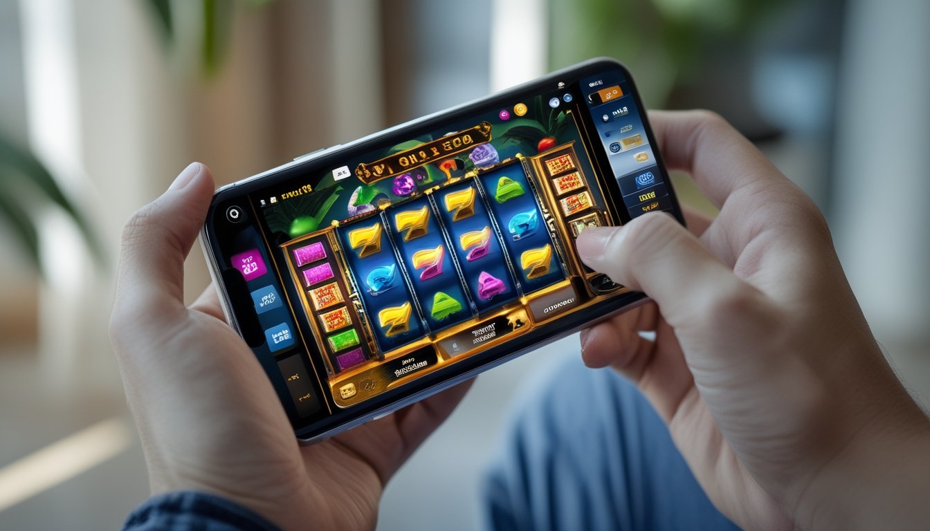 Seseorang memegang smartphone yang menampilkan permainan slot 3D berwarna-warni di layar dalam suasana santai di dalam ruangan.