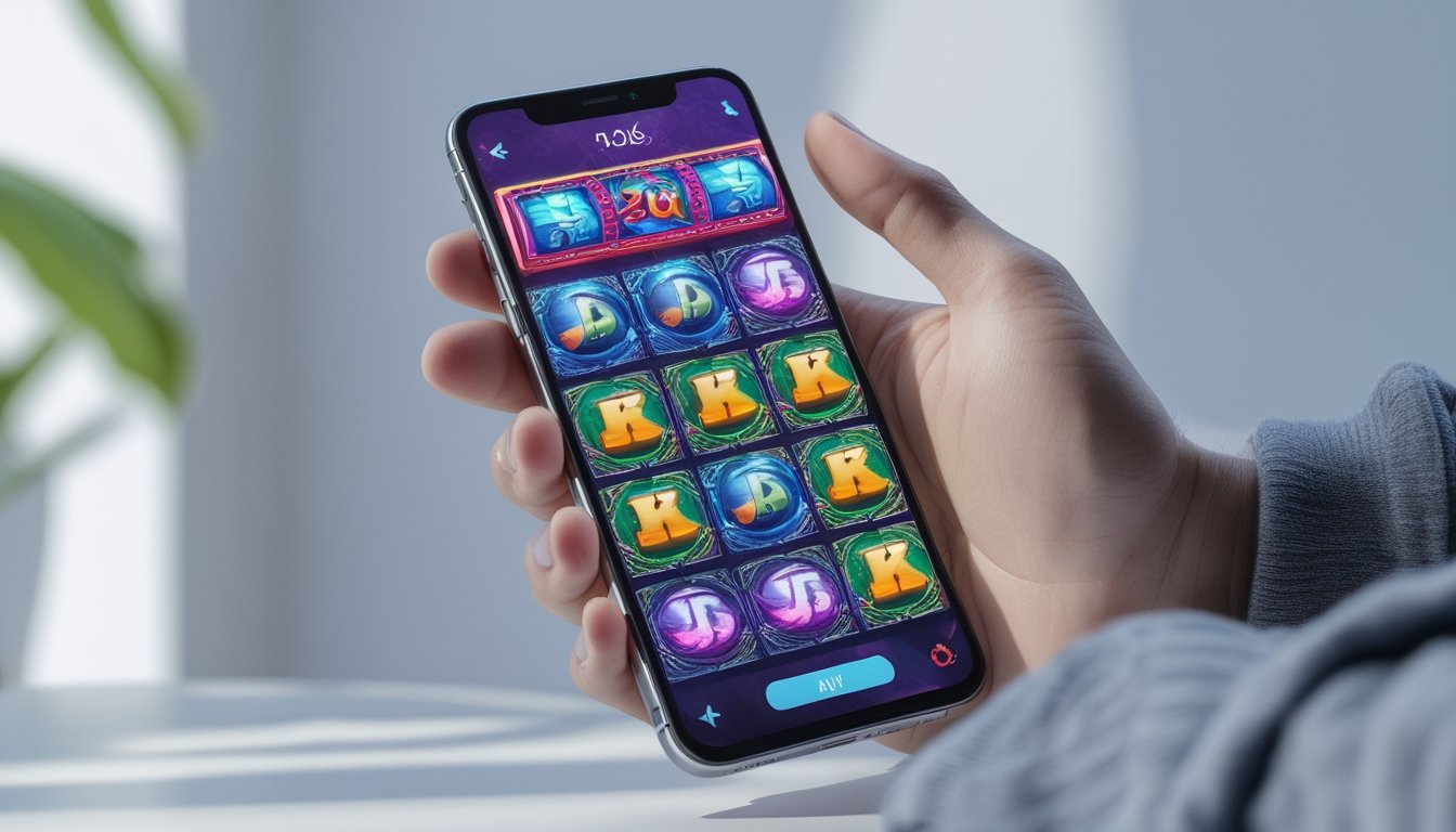 Seseorang memegang ponsel yang menampilkan permainan slot 3D berwarna-warni di layar.