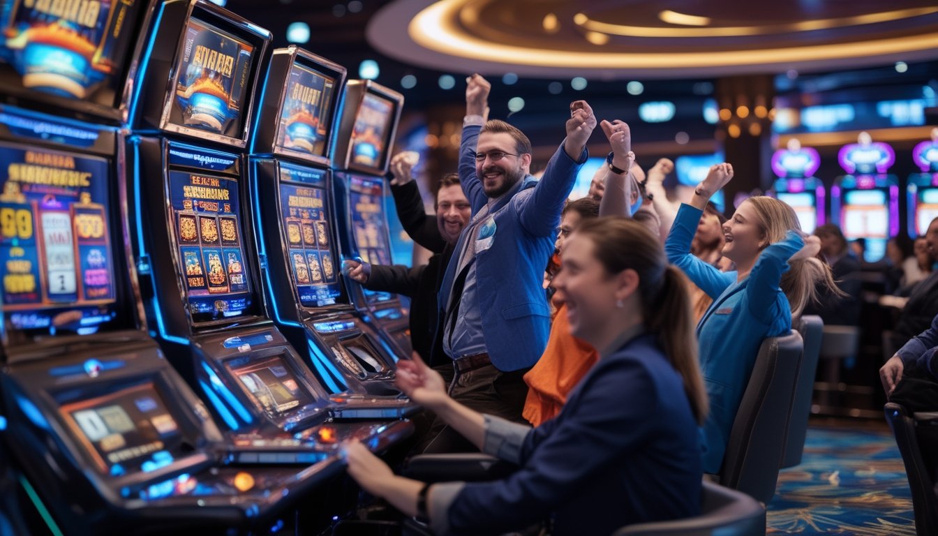 Orang-orang bermain mesin slot 3D di kasino modern dengan ekspresi senang dan suasana ceria.