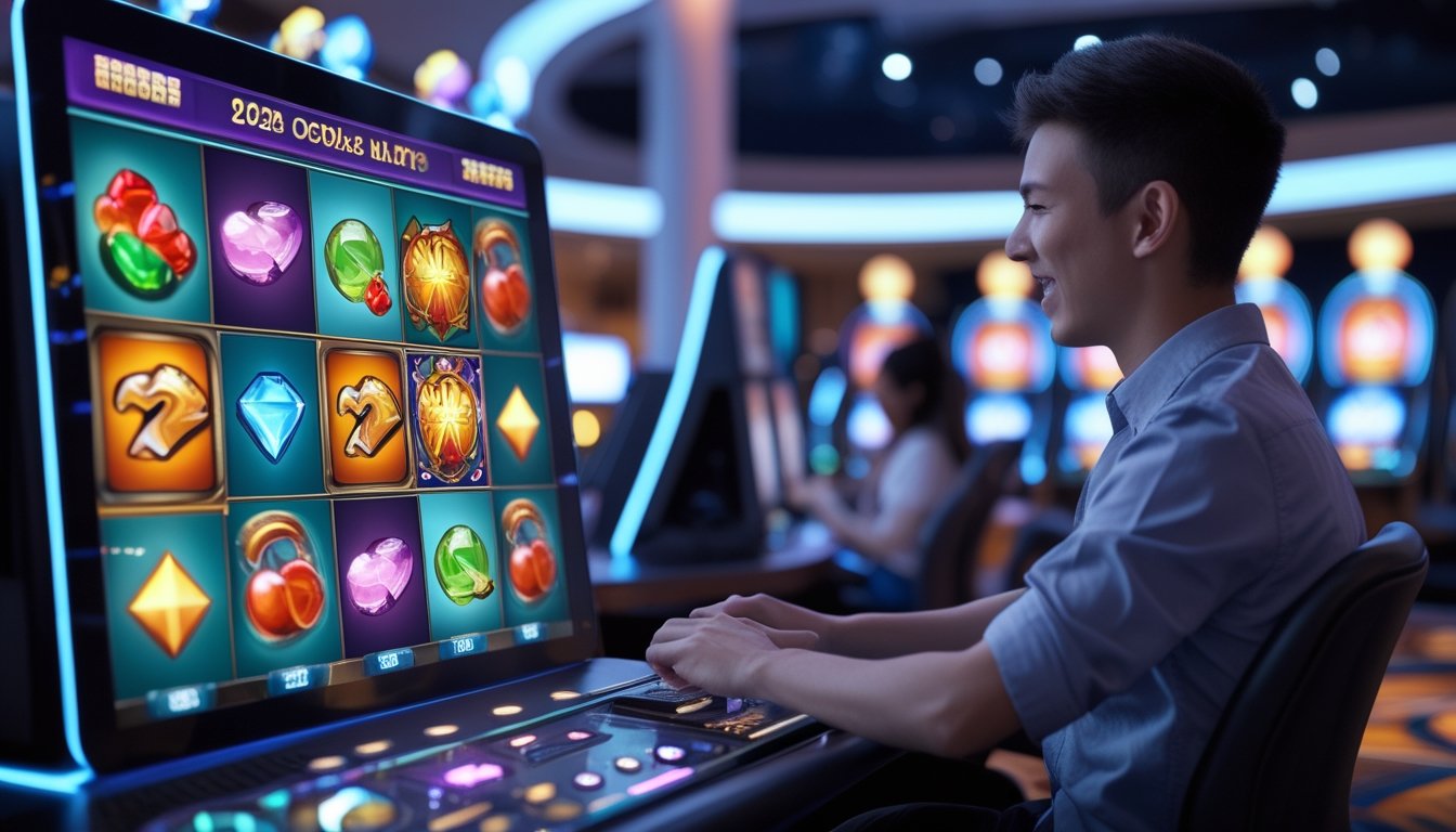 Seorang pemain muda sedang bermain game slot 3D di layar digital besar di ruang permainan modern dengan lampu lembut dan suasana kasino.