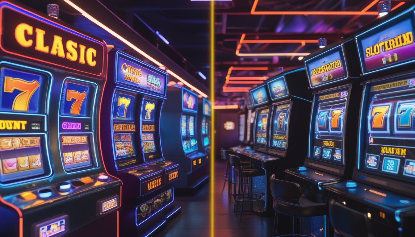 Gambaran perbandingan mesin slot video klasik dengan mesin slot teknologi 3D modern dalam suasana kasino yang berbeda.