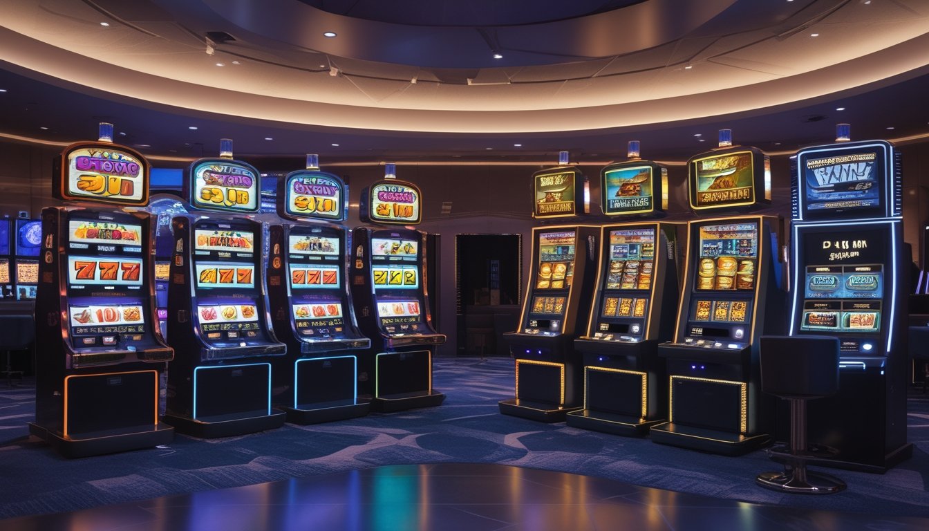 Gambar perbandingan mesin slot video klasik dengan mesin slot 3D modern dalam suasana kasino.