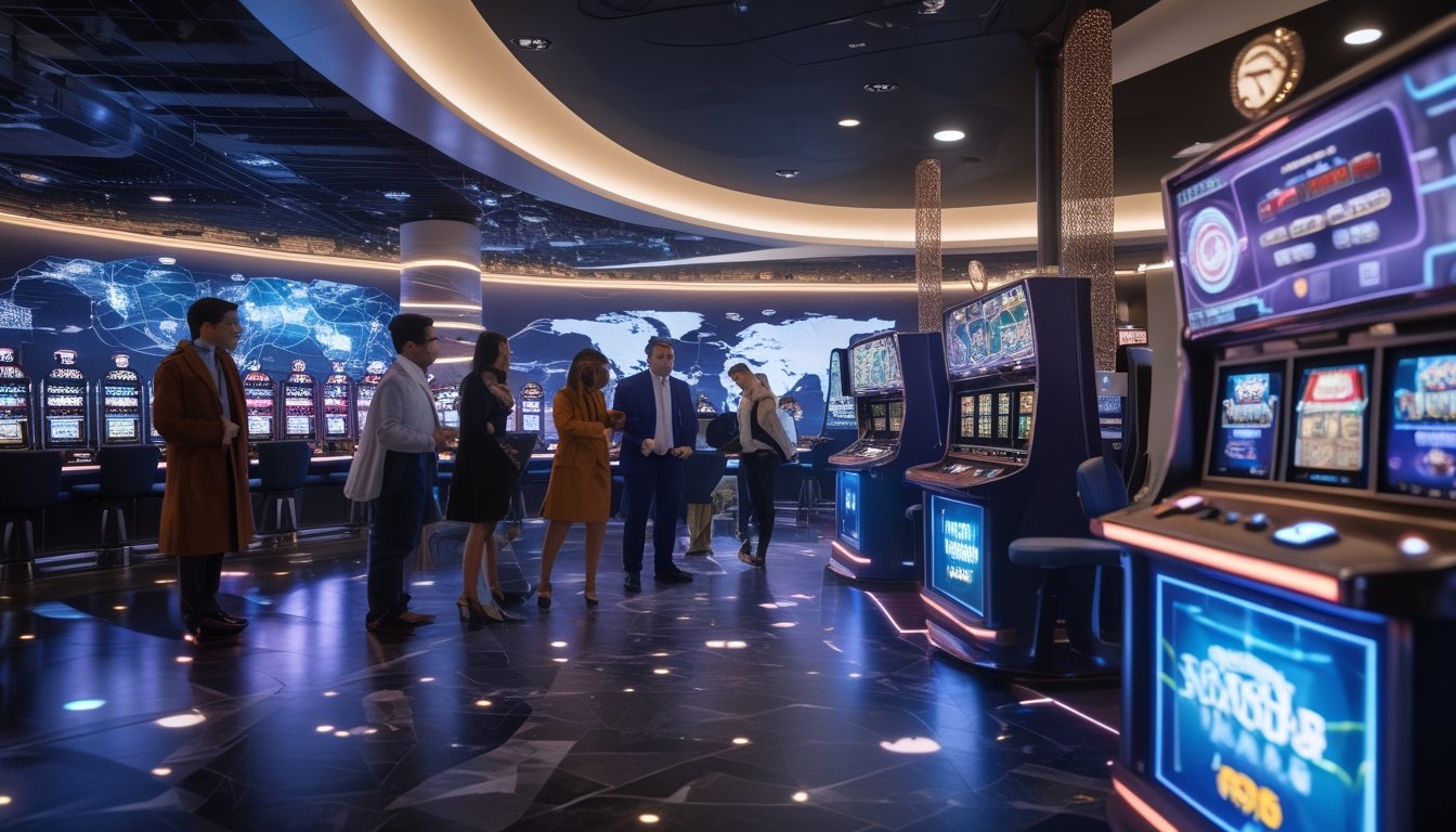 Suasana lantai kasino modern dengan mesin slot 3D yang canggih dan pemain dari berbagai latar belakang sedang bermain.