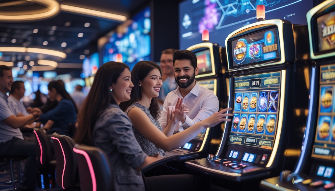 Sejumlah orang bermain mesin slot 3D di lantai kasino modern dengan layar warna-warni dan suasana ramai.