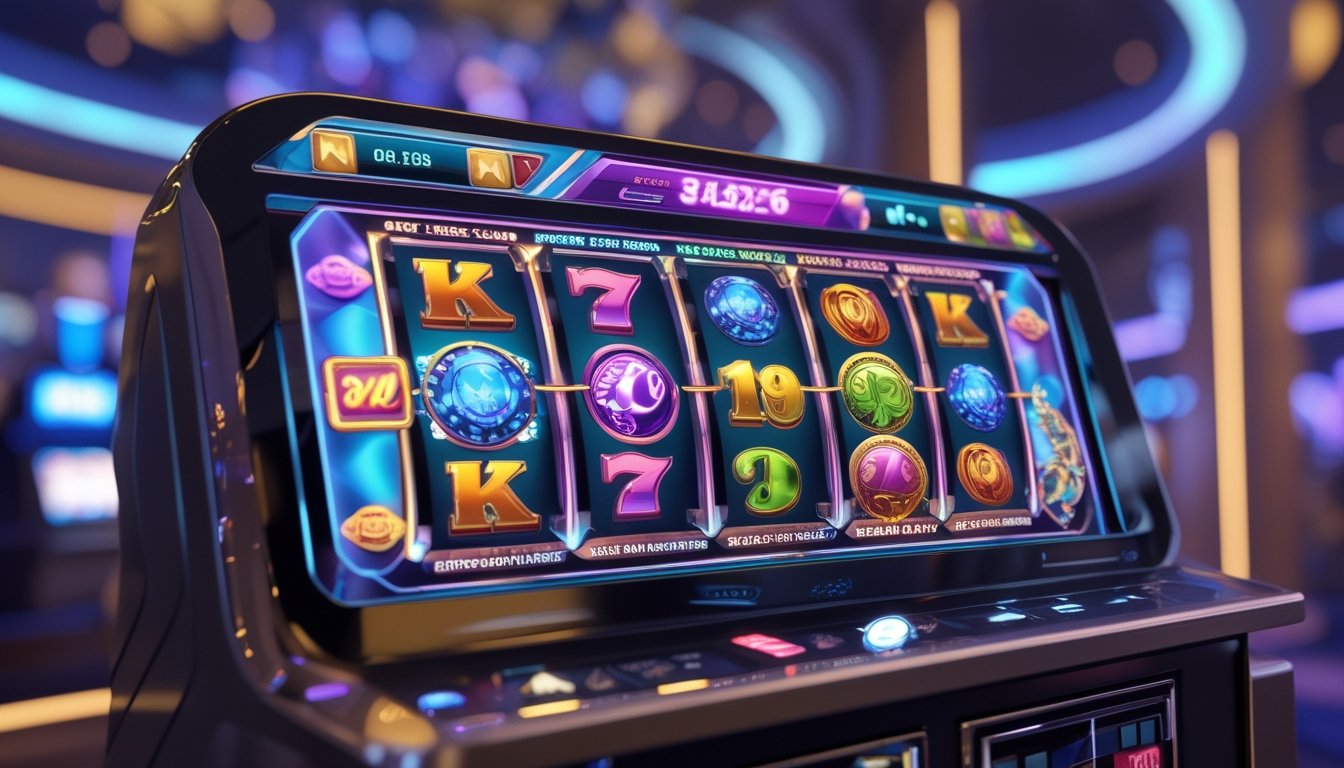 Mesin slot 3D modern dengan layar digital menampilkan gulungan warna-warni dan fitur putaran gratis dalam suasana kasino futuristik.