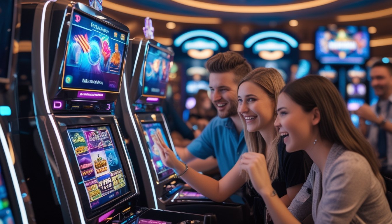Orang-orang bermain mesin slot 3D di dalam kasino dengan suasana modern dan pencahayaan ambient.