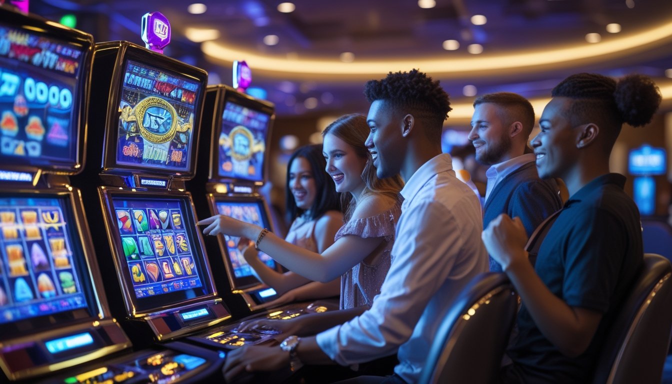 Sekelompok orang muda bermain mesin slot 3D di kasino dengan suasana ceria dan penuh semangat.