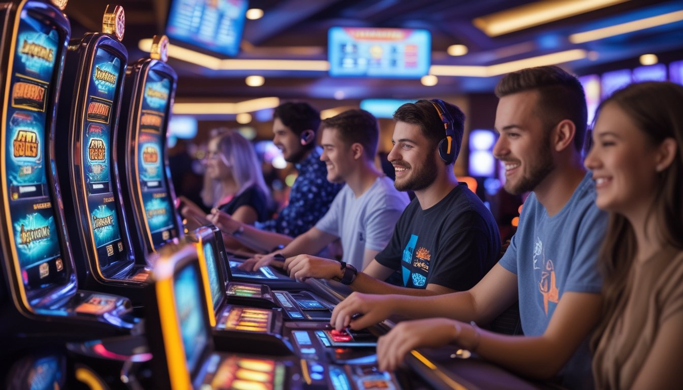 Beberapa orang muda sedang bermain mesin slot 3D terbaru di dalam kasino yang modern dan ramai.
