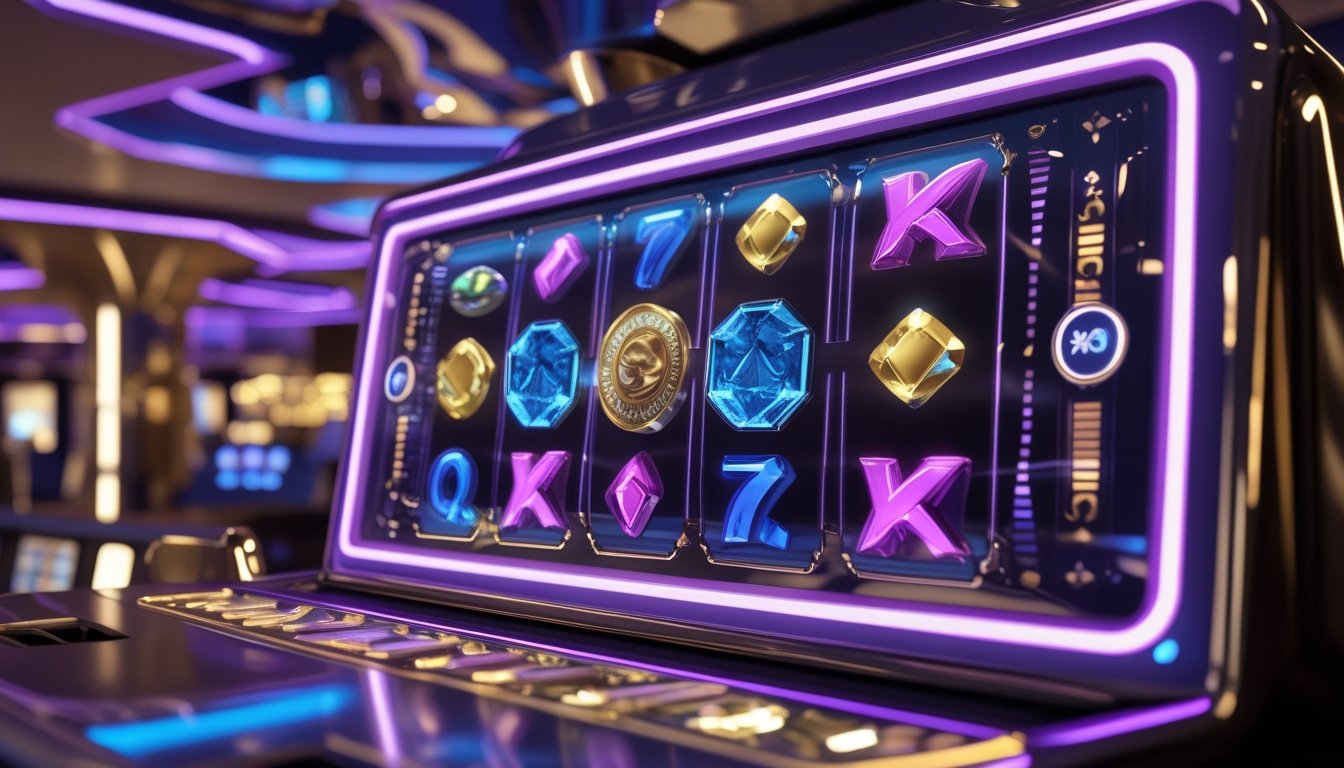 Tampilan antarmuka permainan mesin slot 3D dengan grafis ultra HD di layar digital modern dalam suasana kasino futuristik.
